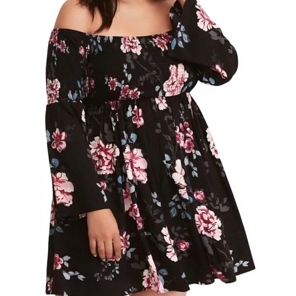 Torrid Dresses & Skirts - Torrid Black Floral Off The Shoulder Bell Long-Sleeve Smocked Dress Plus 2X